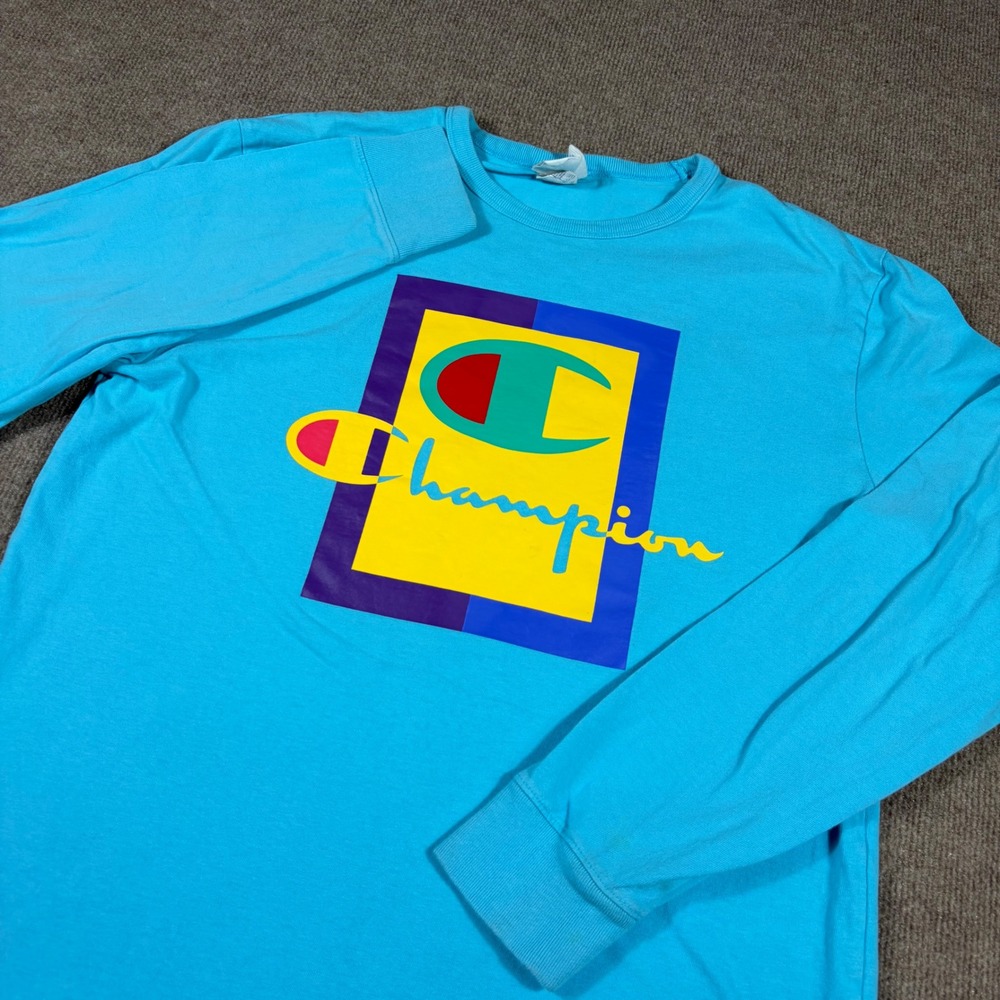 Champion Mens Long Sleeve Graphic T-Shirt Blue Large Multi Color Box Logo Tee